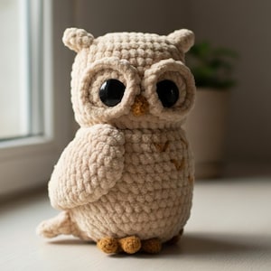 May include: A beige crocheted owl figurine with large black eyes and a small, yellow beak. The owl has small ear tufts and detailed wings. The owl is sitting on a white surface near a window.