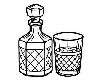 May include: Black and white illustration of a decanter with a stopper and a rocks glass filled with ice cubes. Both the decanter and glass feature a diamond pattern design, suggesting a classic barware theme.