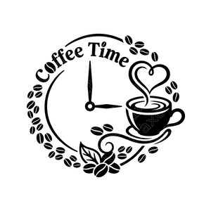 May include: A black and white graphic design featuring a circular clock face with the text Coffee Time at the top. A coffee cup with steam forming a heart shape sits on the right, surrounded by a decorative border of scattered coffee beans.