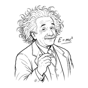 May include: A black and white line art illustration of Albert Einstein with his signature wild hair and moustache, wearing a suit and waistcoat. He is holding a pencil in one hand, and the mathematical equation E=mc² is written clearly to his right.