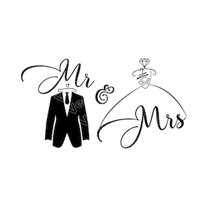 Puede incluir: Gráfico en blanco y negro con las palabras "Mr & Mrs". El "Mr" está representado por un traje negro y una corbata en una percha. El "Mrs" está representado por un dibujo lineal de un vestido de novia con un diamante.