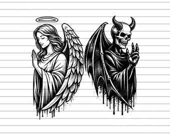 Angel With Devil Wings Side By Side Vector Illustration, Angel SVG PNG JPG, Devil svg jpg png, Wings Art, Dual Wings Clipart, Contrast