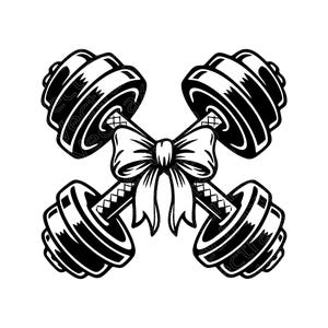 May include: A black and white graphic illustration featuring two crossed dumbbells tied together at the center with a decorative bow. The dumbbells have textured handles and multiple weight plates on each end, rendered in a bold, high-contrast style.