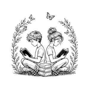 May include: A black and white line art illustration featuring two children sitting back-to-back on the grass, each reading a book. A stack of three books with the word WISDOM printed on the top spine sits between them, framed by a leafy arch and butterflies.