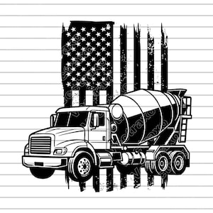 Könnte beinhalten: Schwarz-Weiß-Illustration eines Betonmischers vor einer abgenutzten amerikanischen Flagge. Der LKW hat ein detailliertes Vorderteil, eine große rotierende Trommel und mehrere Räder. Die Flagge zeigt Sterne und Streifen.