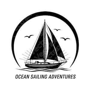 May include: Black and white illustration of a sailboat with sails up, set inside a black circle. Three seagulls fly above the boat. The words "OCEAN SAILING ADVENTURES" are printed below the boat.