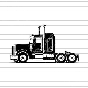May include: Black and white illustration of a semi-truck. The truck has a large cab with a detailed front grill, two exhaust stacks, and multiple wheels. The design is a side view of the vehicle.