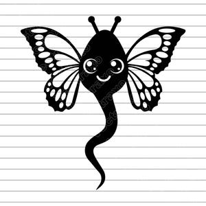 May include: A black and white illustration of a whimsical butterfly with a smiling face and large, detailed wings. The butterfly has a long, curved body and antennae. The wings feature a pattern of white spots.