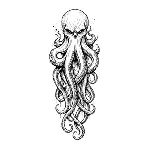 Puede incluir: Una ilustración en tinta negra y blanca de una criatura con cabeza de cráneo humano y múltiples tentáculos de pulpo que se extienden hacia abajo. El diseño presenta líneas detalladas, sombreado y ventosas en los tentáculos verticalmente.