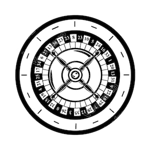 May include: Black and white illustration of a roulette wheel. The wheel features numbered slots and a central spinning mechanism. The numbers are clearly visible, and the design is symmetrical.