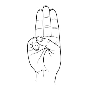 Può includere: Un'illustrazione in bianco e nero a tratto di una mano che esegue un saluto a tre dita. L'indice, il medio e l'anulare sono estesi verticalmente, mentre il pollice è ripiegato sul palmo, tenendo fermo il mignolo in un gesto.