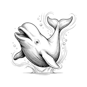 Pode incluir: Uma ilustração a traço em preto e branco de uma baleia beluga com a boca aberta, rodeada por correntes de água rodopiantes e bolhas flutuantes. O desenho apresenta hachuras e pontilhados detalhados para criar textura e profundidade.