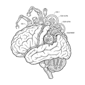 Puede incluir: Una ilustración de arte lineal en blanco y negro de un cerebro humano integrado con componentes mecánicos. Se representan brazos robóticos, varios engranajes etiquetados como COG-1, GEAR-ALPHA y ESCAPEMENT, y cableado interno.