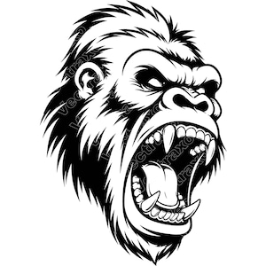 Puede incluir: Una ilustración gráfica en blanco y negro de una cabeza de gorila de perfil, que muestra una expresión amenazante con los dientes descubiertos, colmillos visibles y la boca abierta. El diseño utiliza líneas marcadas y un alto contraste.