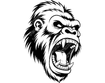 Angry Gorilla Head SVG PNG JPG: Roaring Silverback Silhouette, Fierce Primate Vector, Ape Mascot Cut File, King Kong Art, Instant Download