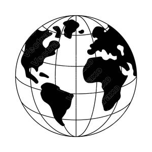 Puede incluir: Una ilustración gráfica en blanco y negro de un globo terráqueo con una cuadrícula de líneas de latitud y longitud. Los continentes se muestran como siluetas negras sólidas sobre un fondo blanco, incluyendo América, África y Europa.