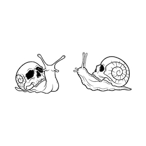 May include: A black and white line art illustration featuring two snails. Each snail has a human skull as its shell, with the skull's eye sockets and teeth clearly defined. The snails are depicted in profile and facing each other on a white background.