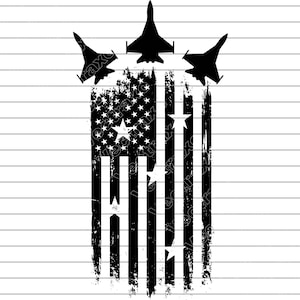 Könnte beinhalten: Schwarz-weiße Grafik der amerikanischen Flagge mit drei Kampfflugzeugen darüber. Die Flagge hat einen Used-Look mit Sternen und Streifen. Die Jets sind vor einem weißen Hintergrund silhouettiert.