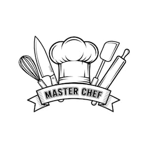 Op de afbeelding: Zwart-wit illustratie van een koksmuts, garde, mes, spatel en deegroller. De woorden "MASTER CHEF" staan op een banner. Een klassiek ontwerp voor culinaire thema's.