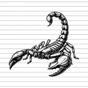 Puede incluir: Ilustración detallada en blanco y negro de un escorpión. El escorpión se representa de perfil, mostrando su cuerpo segmentado, grandes pinzas y cola curvada. La obra de arte tiene un estilo detallado y realista, con sombreado para crear profundidad.