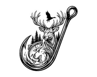 Hunting Fishing SVG, Deer Buck Trout Hook PNG, Woods Nature Sublimation Graphic, Outdoorsman Cricut Cut File, Instant Download