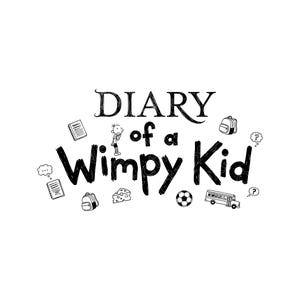 May include: Black and white illustration of the text "Diary of a Wimpy Kid" with related doodles. The doodles include a backpack, cheese, a soccer ball, a school bus, and a notepad.