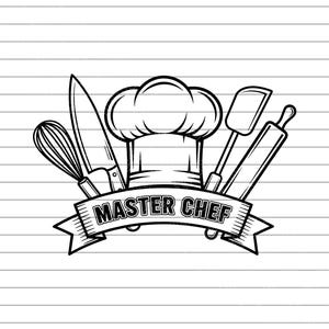 May include: Black and white illustration of a chef's hat, whisk, knife, spatula, and rolling pin. A banner below reads "MASTER CHEF". The image is a line drawing, perfect for culinary-themed designs.
