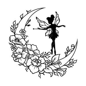 May include: A black and white line art illustration featuring a silhouette of a fairy with wings holding a wand, positioned in front of a crescent moon decorated with detailed floral arrangements including roses, leaves, and small blossoms.