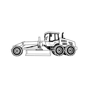 Peut inclure: Une illustration en noir et blanc au trait représentant une niveleuse de chantier. L'engin est doté d'une lame centrale, d'une cabine avec un visage anthropomorphe à l'expression colérique et de six grands pneus crantés sur le châssis arrière.