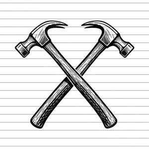 Puede incluir: Ilustración en blanco y negro de dos martillos cruzados. Los martillos están representados en un estilo vintage detallado, con vetas de madera visibles en los mangos y cabezas de metal texturizadas. El fondo son líneas horizontales.