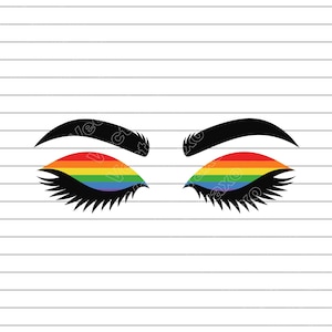 Puede incluir: Ilustración gráfica de dos ojos con pestañas y cejas negras. Los párpados están coloreados con un degradado arcoíris, que representa los colores de la bandera del orgullo LGBTQ+. La imagen está sobre un fondo blanco con líneas horizontales.