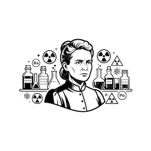May include: A black and white graphic illustration of Marie Curie centred, surrounded by laboratory glassware including bottles labelled Radium and Polonium, chemical formulas, and radiation warning symbols on a plain white background.