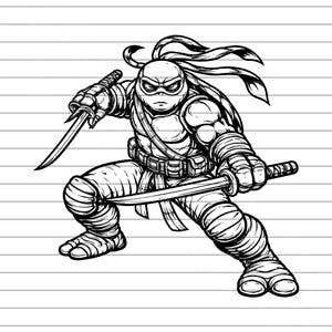 May include: Black and white illustration of a ninja turtle in a fighting stance, holding two katanas. The character is wearing a mask, wrapped bandages, and a utility belt. The image is a detailed line drawing.