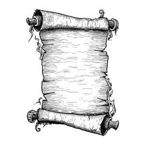 May include: A black and white line art illustration of a vertical parchment scroll. The paper features a textured, weathered appearance with frayed edges, rolled at the top and bottom around wooden dowels with decorative end caps.