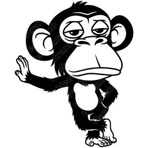 Könnte beinhalten: Eine schwarz-weiße grafische Illustration eines Schimpansen mit gelangweilt wirkendem Gesichtsausdruck, der mit einer Hand gegen eine unsichtbare Fläche lehnt. Der Affe hat große Ohren, eine markante Schnauze und einen hellen Fleck auf der Brust.