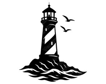 Lighthouse SVG PNG JPG: Nautical Beach House Decor Ocean Waves Seagulls Coastal Maritime Silhouette Vector Cut File Instant Download