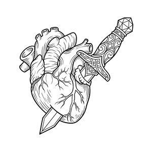 May include: A black and white line art illustration depicting an anatomical human heart pierced by a decorative dagger. The dagger features an ornate handle with intricate scrollwork patterns and a faceted pommel, while the heart shows veins.