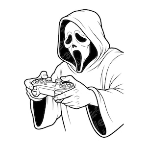 May include: A black and white line art illustration of a hooded figure with a mask featuring a long, open-mouthed expression, holding a video game controller with both hands. The figure wears a robe with a hood covering the head and shoulders.