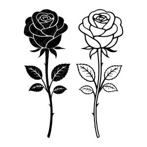 May include: Two rose illustrations. One is a solid black rose with detailed petals, stem, and leaves. The other is an outline of a rose, with the same details, but in white. Both are on a white background.