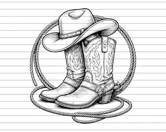 Cowboy Hats And Boots Vector Illustration, Cowboy Hat Boots SVG PNG JPG, Western Clipart, Rodeo Art, Country Silhouette, Rustic Design