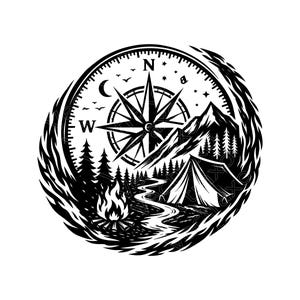 May include: Black and white illustration of a compass with a camping scene inside. The scene includes a tent, mountains, trees, a river, and a campfire. The compass has directional markings and a star design.