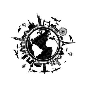 Puede incluir: Una ilustración gráfica en blanco y negro que presenta un globo terráqueo central rodeado por siluetas de monumentos mundiales, incluyendo la Estatua de la Libertad, la Torre Eiffel, el Big Ben y el Coliseo, entre aviones y globos aerostáticos.
