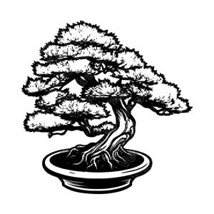Puede incluir: Una ilustración gráfica en blanco y negro de un bonsái plantado en una maceta de cerámica redonda y poco profunda. El árbol presenta un tronco grueso y texturizado con raíces expuestas y follaje denso en capas con líneas nítidas.