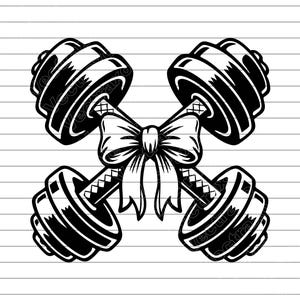 May include: A black and white graphic depicting two dumbbells crossed and tied with a bow. The dumbbells feature circular weight plates and a textured handle. The bow adds a decorative element to the fitness-themed design.
