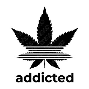 May include: A black graphic design featuring a serrated leaf shape bisected by three horizontal lines, with the word "addicted" printed in lowercase black sans-serif font underneath the central graphic element on a plain white background.