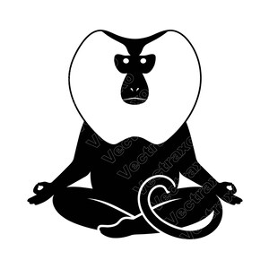 Pode incluir: Uma ilustração gráfica a preto e branco de um mandril sentado numa posição de meditação com as pernas cruzadas e as mãos a descansar sobre os joelhos num gesto de mudra. O mandril apresenta um contorno facial grande e arredondado.