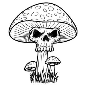 May include: A black and white line art illustration featuring a large central mushroom with a skull integrated into its cap and stem. Two smaller mushrooms with spotted caps grow at the base, surrounded by stylised grass blades and outlines.