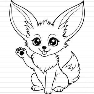 May include: A black and white cartoon illustration of a fox with large ears, waving a paw. The fox has big eyes and a fluffy tail. The image is a line drawing, perfect for coloring or use in graphic design projects.