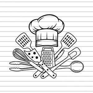 Pode incluir: Ilustração a preto e branco de um chapéu de chef rodeado por utensílios de cozinha. A imagem inclui um batedor, uma espátula, um ralador, uma colher e pinças. O design é em estilo simples, ideal para decoração de cozinha.