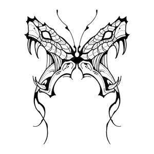 May include: A black and white line art illustration of a butterfly with wings shaped like snake heads. The design features intricate scales, sharp fangs, and elongated antennae, creating a symmetrical creature with flowing, curved lines throughout.